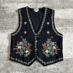 Winona Vest Womens Large Embroidered Black Floral Button Front Cotton